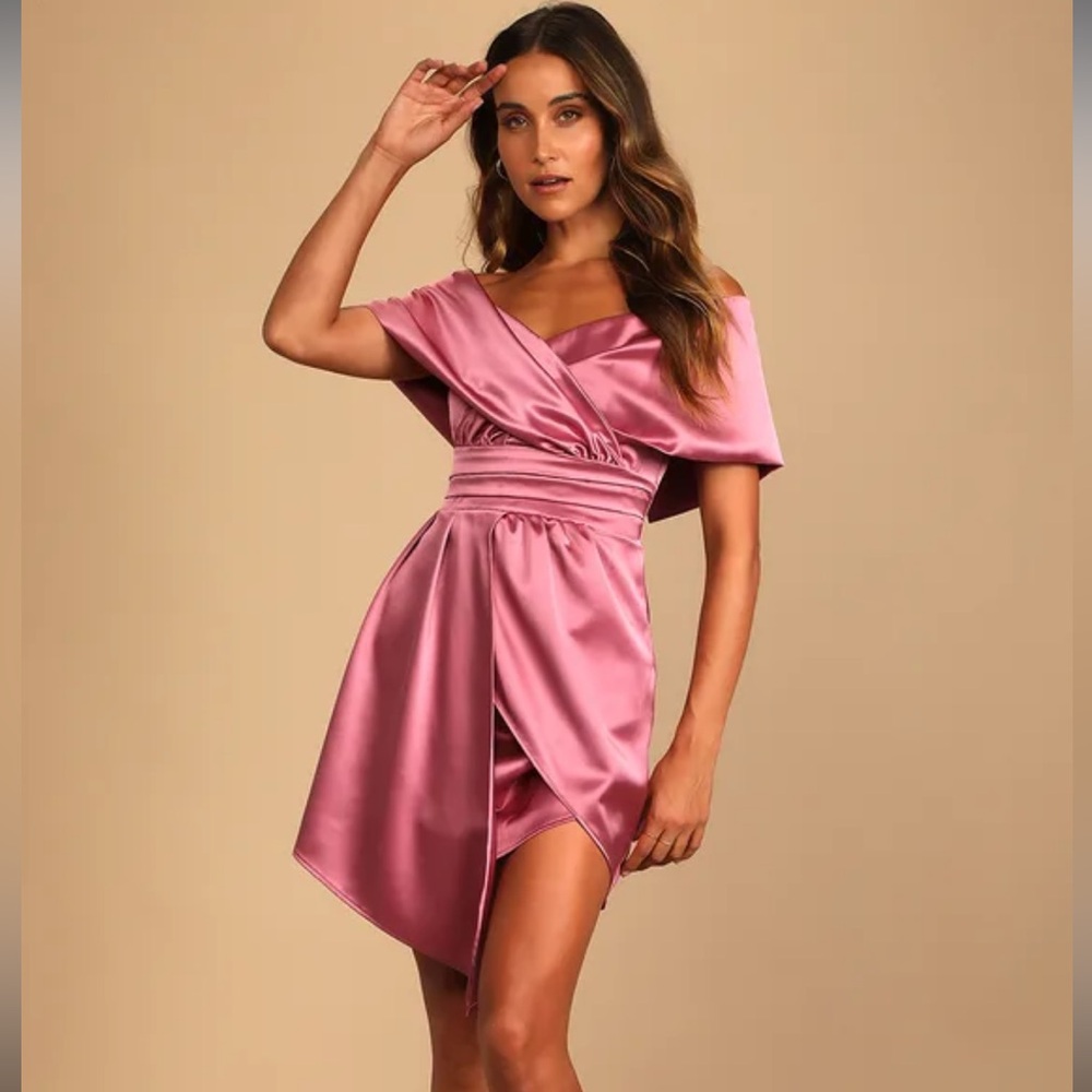 LULUS Always Celebrating Sage Green Satin Off-the-Shoulder Mini Dress- NWT